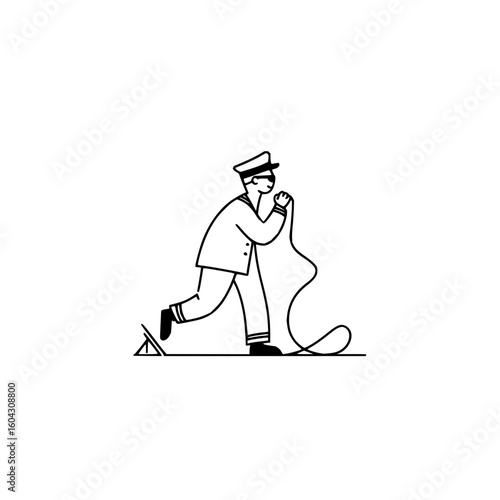 Man in uniform singing into a microphone with a stand and a wire on a white background illustration