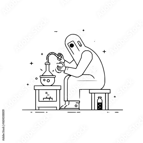 Person in hazmat suit sitting and working with lab equipment on a table in a black and white drawing