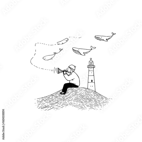 A drawing of a sailor with a spyglass sitting on a hill near a lighthouse watching whales in the sky