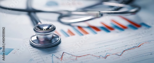 The stethoscope resting on statistical healthcare analysis documents and graphs.
