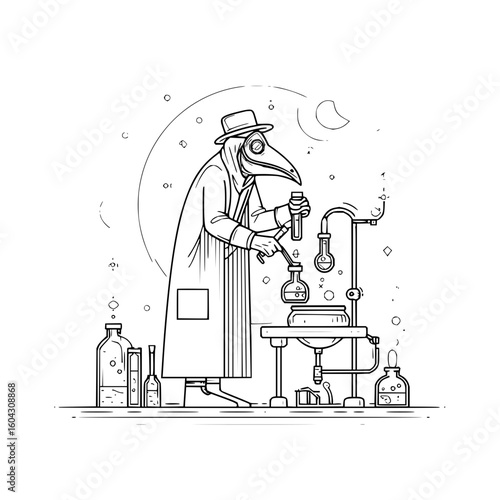 A plague doctor in a lab coat mixing chemicals with scientific equipment in a black and white illustration