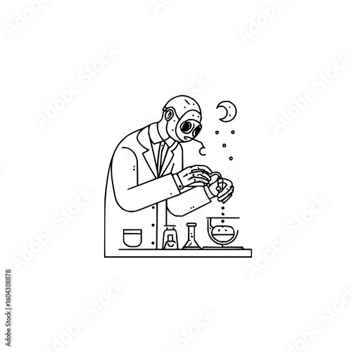 Scientist in lab coat and gas mask conducting experiment with beakers and moon in background art