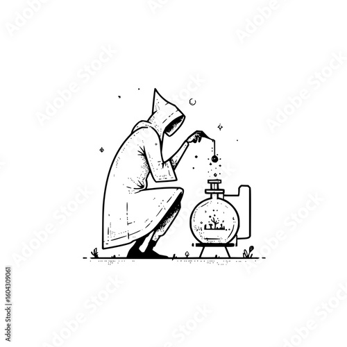 A hooded figure performing alchemy with a round flask containing a miniature landscape and floating orbs