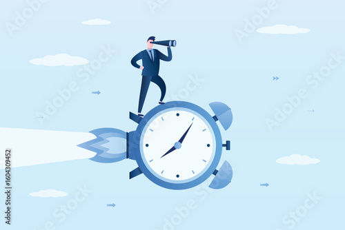 Businessman flies on watch with rocket booster. Time management, control and effective time management. Completing tasks and projects without deadlines and on time.