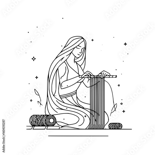 Woman with long hair sitting and knitting with yarn and needles in a minimalist line art style design