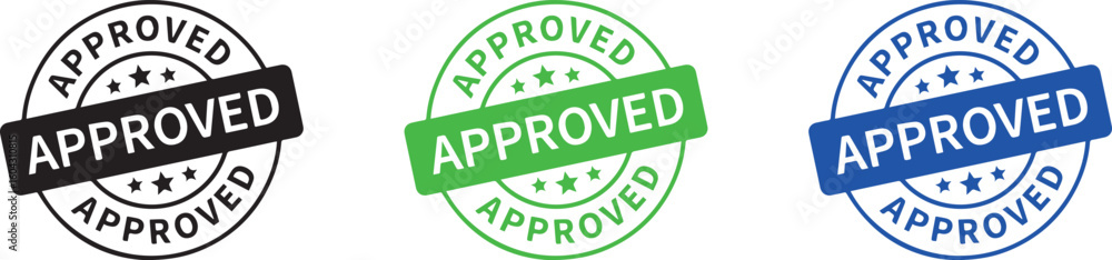 Approved rubber stamp icon set in black, green, and blue colors – vector illustration Approved rubber stamp icon set in black, green, and blue colors – vector illustration