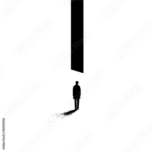 A lone figure stands before a tall dark rectangle casting a shadow on a stark white background scene art