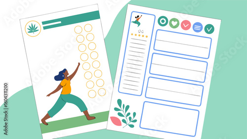 Wellness tracker and habit journal pages featuring a person in a yoga pose and icons for goal setting and progress monitoring