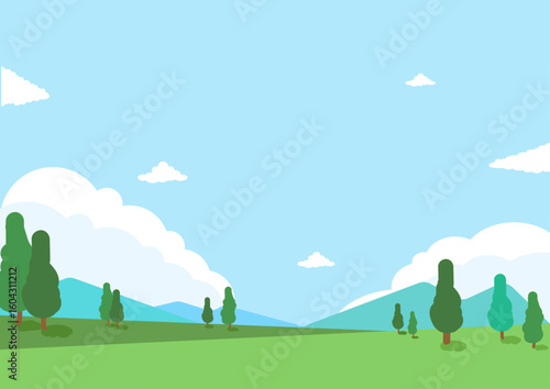 A bright and sunny landscape with green hills, trees, and blue sky