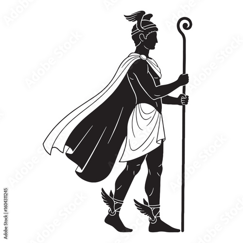 Guiding Hermes digital black vector, representing the psychopomp's unforgettable appearance – Hermes silhouette – Hermes Vector – Silhouette of Hermes – Greek god vector

