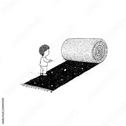 A boy unrolling a carpet of stars from a large roll creating a magical scene in black and white drawing