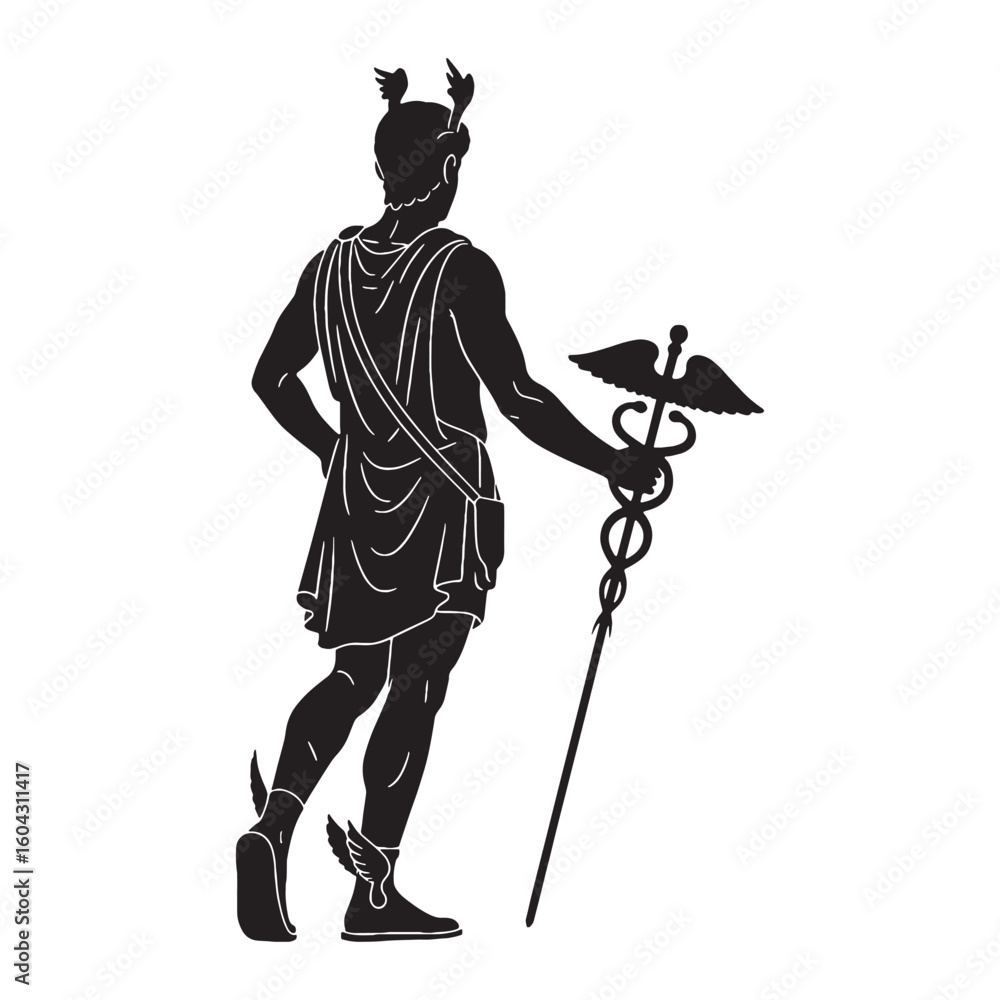 Fototapeta premium Divine Hermes black vector graphic, reflecting his celestial and influential nature – Hermes silhouette – Hermes Vector – Silhouette of Hermes – Greek god silhouette