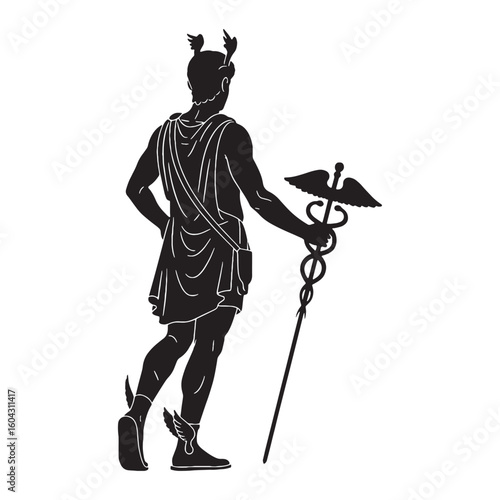 Divine Hermes black vector graphic, reflecting his celestial and influential nature – Hermes silhouette – Hermes Vector – Silhouette of Hermes – Greek god silhouette

