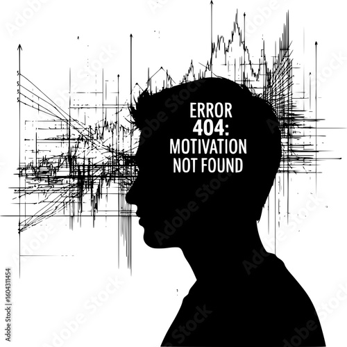 A metaphor for the fear of being fired due to fatigue, burnout, and loss of motivation. A silhouette of a person is looking at a graph, with "Error 404: Motivation Not Found" in their head.