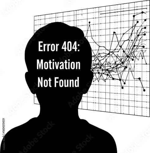 A metaphor for the fear of being fired due to fatigue, burnout, and loss of motivation. A silhouette of a person is looking at a graph, with "Error 404: Motivation Not Found" in their head.