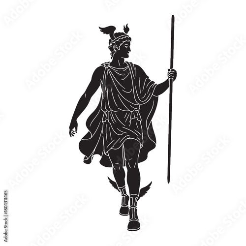 Wing-footed Hermes digital black silhouette, showcasing his distinctive and agile form – Hermes silhouette – Hermes Vector – Silhouette of Hermes – Greek god vector

