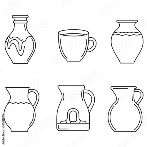 Outlined vector illustrations of various pottery vessels including jugs vases and a simple mug