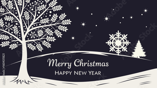 Winter scene with tree snowflakes and christmas greetings on a dark blue and white background design