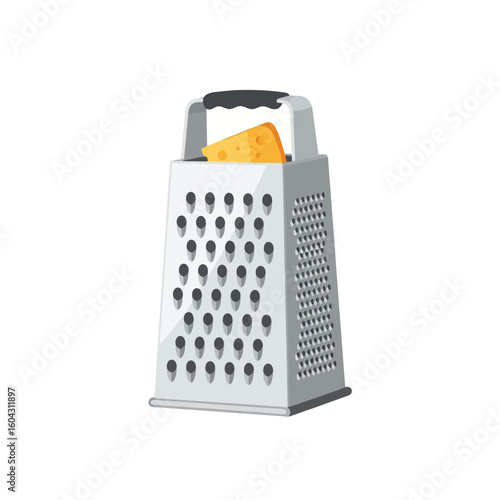 Grating Cheese with a Metal Grater on White Background