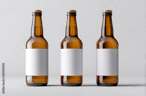 3 beer bottle mockups with blank white labels on a light grey background. Minimal and clean presentation, perfect for branding, packaging design, and product display.