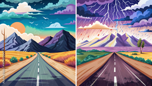 Vector illustration of a lonely mountain road beneath stormy clouds set ideal for dramatic travel scenes, solitude, moody landscapes, and emotional storytelling visuals banner