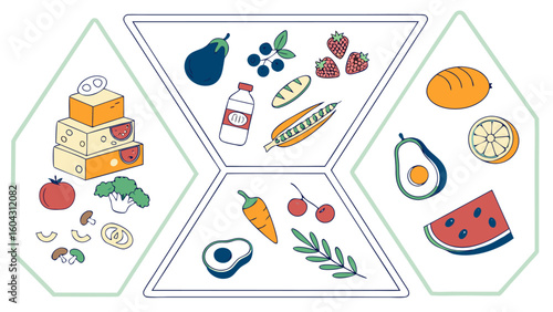A colorful and simplified illustration of various healthy foods including fruits vegetables dairy and grains arranged in distinct sections for visual appeal and clarity