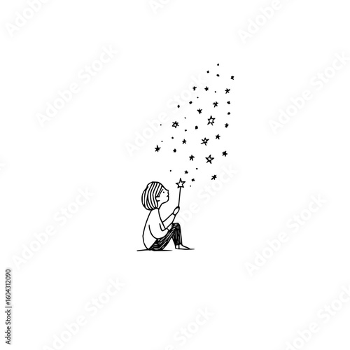 A girl sitting holding a star wand and looking up at a scattering of stars in a simple line drawing