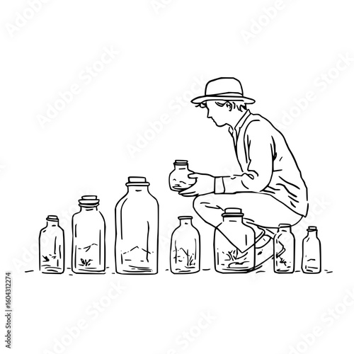 A person with a hat is squatting and holding a jar while surrounded by several jars of varying sizes