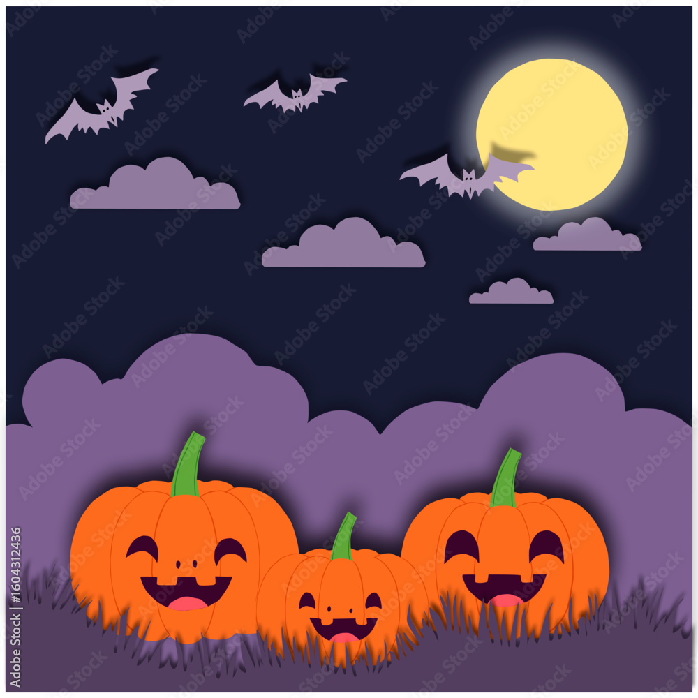 Naklejka premium Vector illustration of smiling Halloween pumpkins in a spooky night scene with full moon, bats, purple clouds, and dark grass. Ideal for festive and seasonal designs.