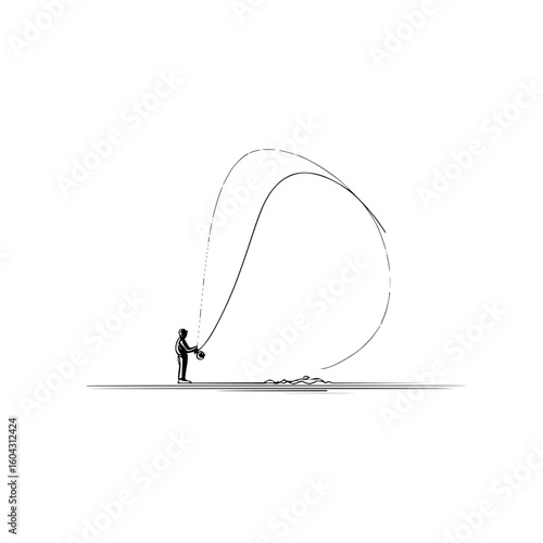 A man fly fishing casting his line in a smooth arc over the water in a minimalist black and white style