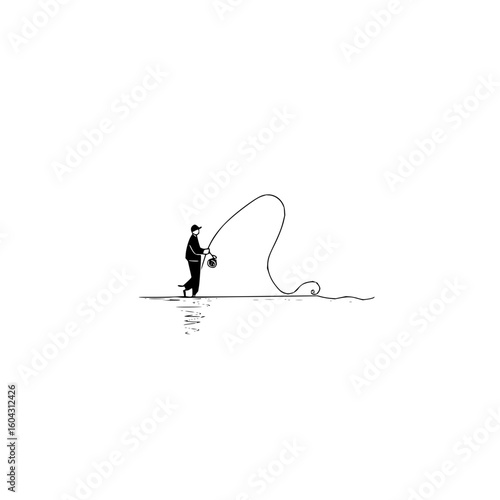 A minimalist drawing of a man fly fishing with a long line on the water in black and white style art