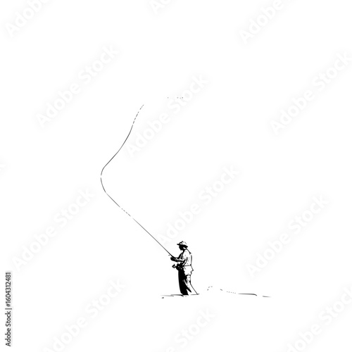 Silhouette of a person wearing a hat and holding a fishing rod casting a line in a minimalist style art