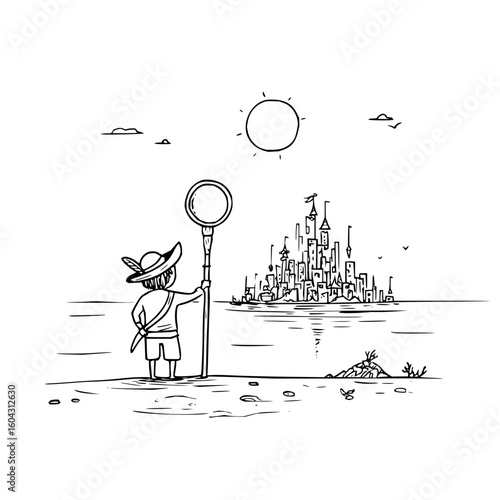 A boy with a feathered hat and a net stands on the shore looking at a distant city on the water line