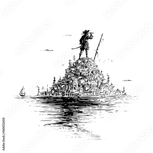 A man with a spyglass standing on a structure of frames near water with a ship and a flag in black and white