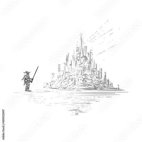 A lone samurai stands before a futuristic city skyline rendered in detailed black and white line art style