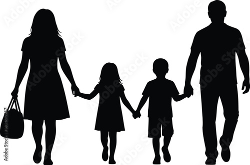 Silhouette of a family walking together holding hands 