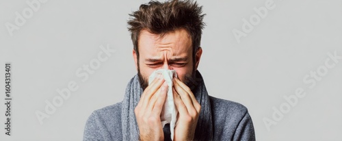 The man expressing discomfort while dealing with a cold and using a tissue.