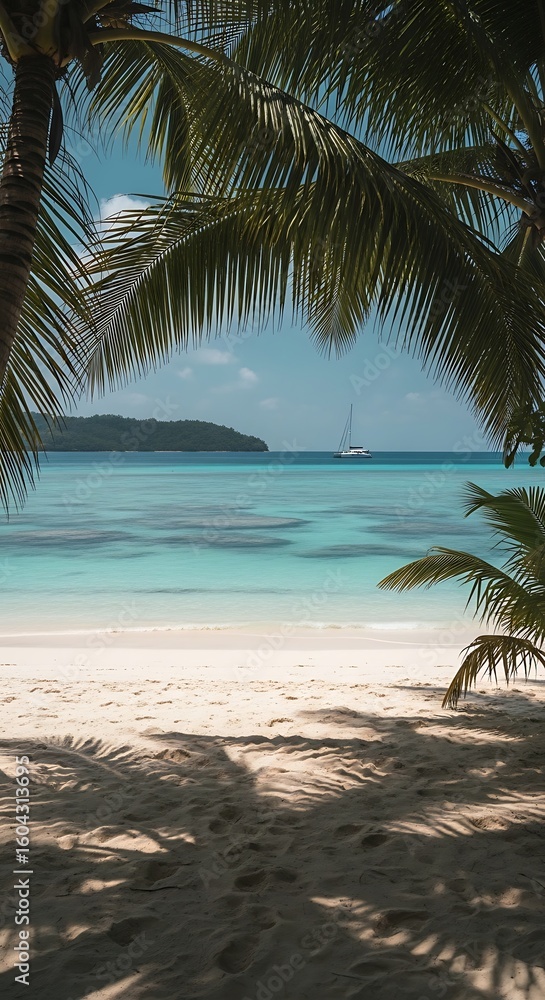 Obraz premium Tropical beach scene with palm trees and turquoise water.