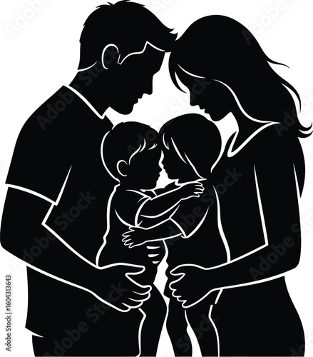 A family of four embracing symbolizing love and parenthood