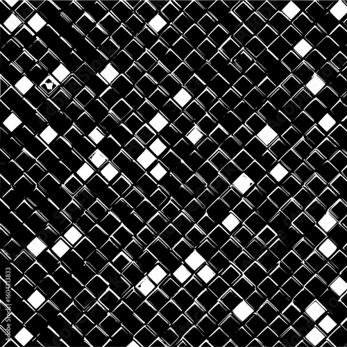 Black and white abstract pattern featuring a dense arrangement of distorted square shapes on a diagonal axis