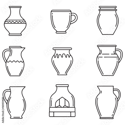 Set of monochrome ceramic pottery vessels and kitchenware for rustic design and illustration