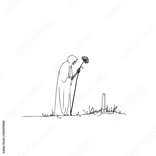 Sad Old Man Holding Flower at Cemetery Grave