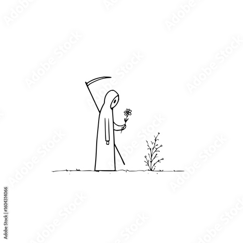 Grim Reaper Holding Flower in Hand Standing Next to Small Plant