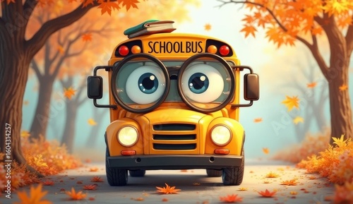 Wallpaper Mural A cheerful school bus with oversized eyes and a book on its roof is parked on a winding road through trees adorned with vibrant autumn leaves Torontodigital.ca