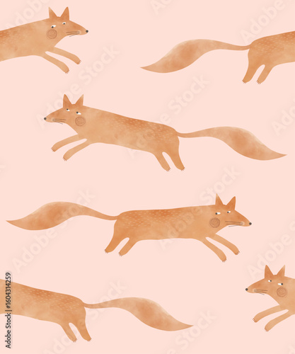 Funny Seamless Vector Pattern With Cute Foxes. Hand Drawn Print with Cartoon of Foxes Isolated On A Beige Background. Woodland Running Animal. Infantile Drawing-like Wallpaper With Brown Fox. 