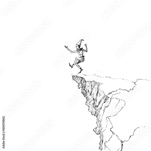 Man Jumping Off Cliff Edge in Black and Illustration