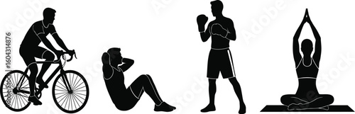 Fitness silhouettes showcasing cycling situps boxing and yoga exercises