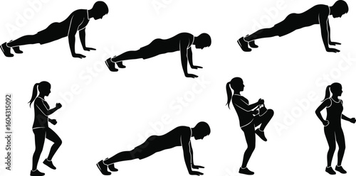 Fitness silhouettes showing pushups running and high knees exercises