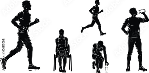 Silhouette illustrations of a man running sitting and drinking water