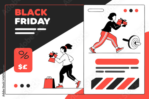 Black friday shopping spree with women carrying gifts and shopping bags promoting sales and discounts with currency symbols and percentages